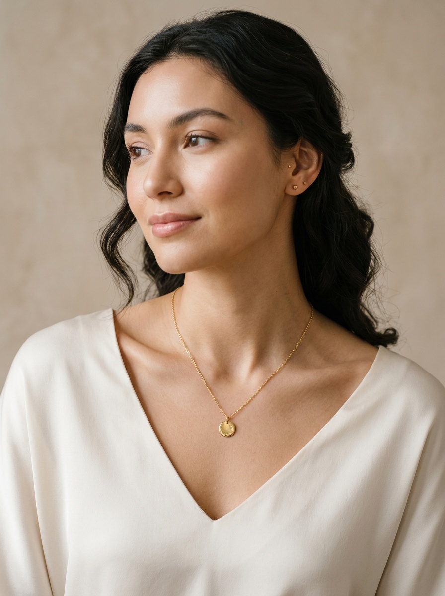 Pendant necklace worn by a model